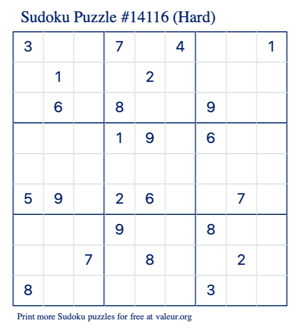Free Printable Hard Sudoku Puzzle number 14116