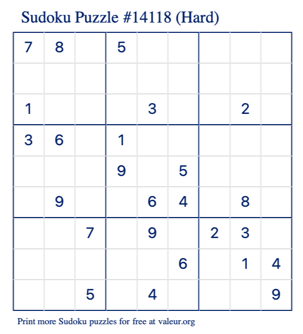 Free Printable Hard Sudoku Puzzle number 14118