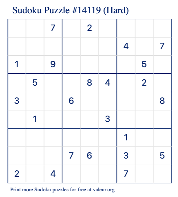 Free Printable Hard Sudoku Puzzle number 14119