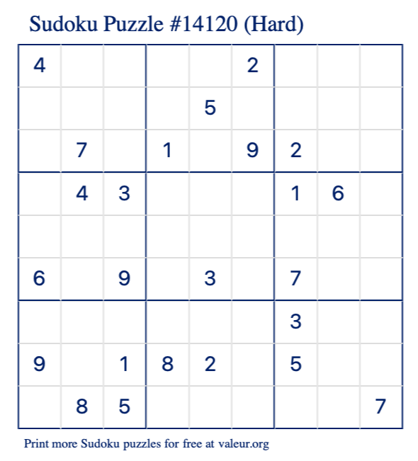 Free Printable Hard Sudoku Puzzle number 14120