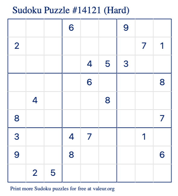 Free Printable Hard Sudoku Puzzle number 14121