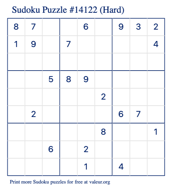 Free Printable Hard Sudoku Puzzle number 14122