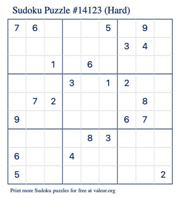 Free Printable Hard Sudoku Puzzle number 14123