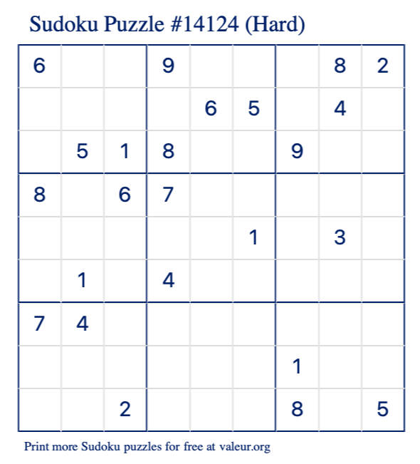 Free Printable Hard Sudoku Puzzle number 14124
