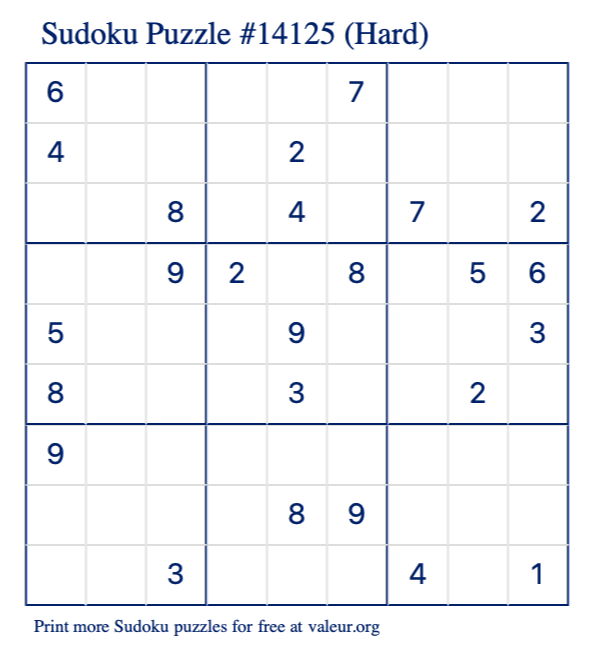 Free Printable Hard Sudoku Puzzle number 14125