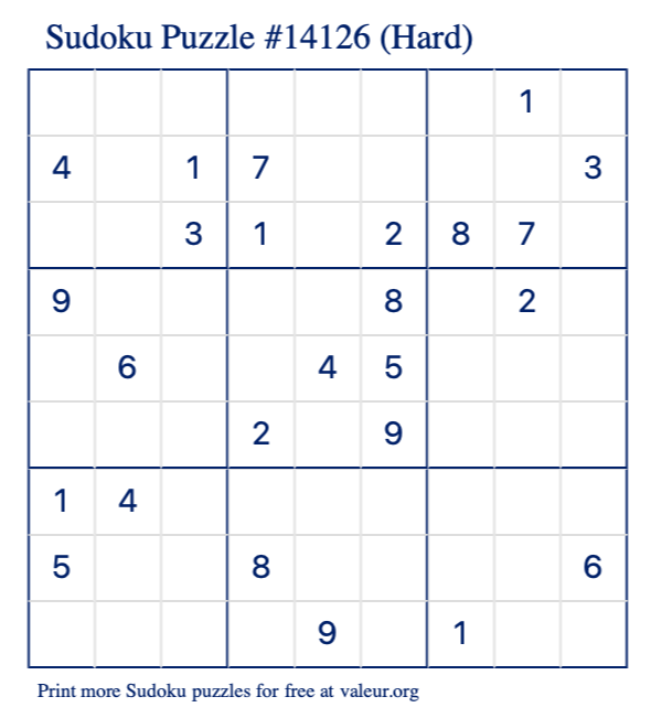 Free Printable Hard Sudoku Puzzle number 14126