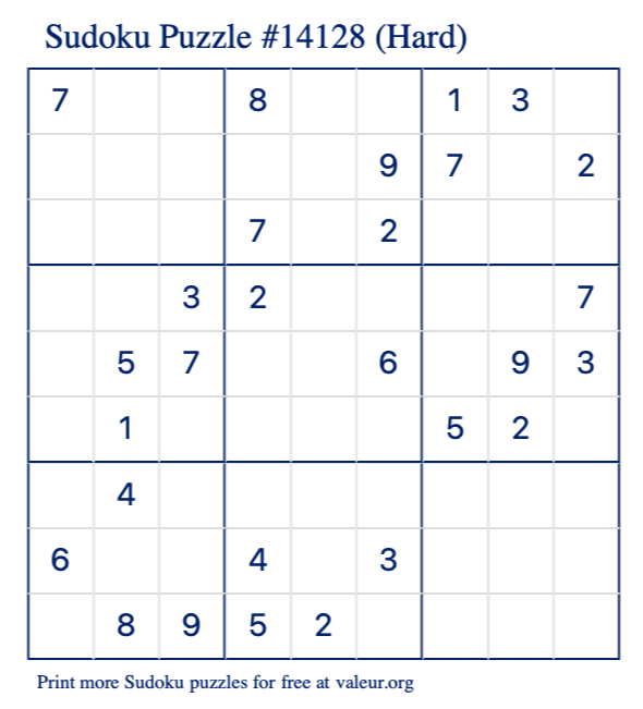 Free Printable Hard Sudoku Puzzle number 14128