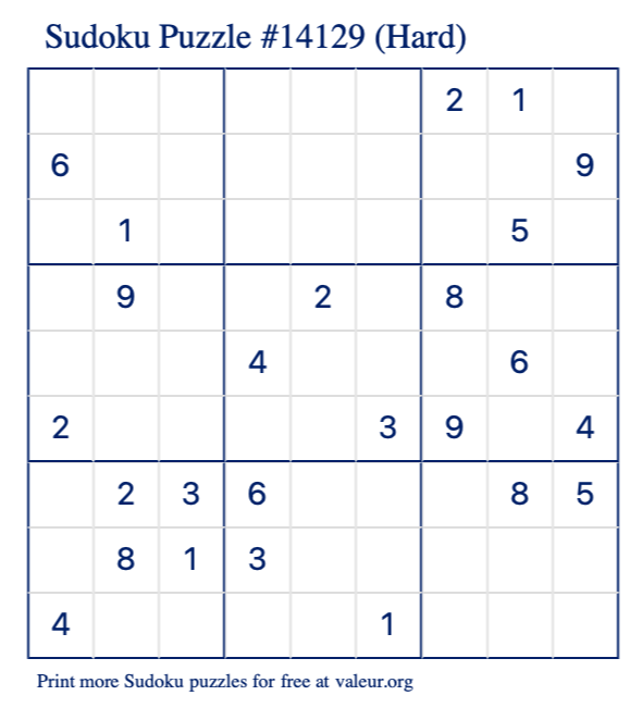 Free Printable Hard Sudoku Puzzle number 14129
