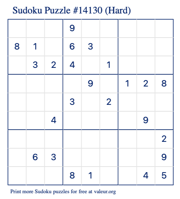 Free Printable Hard Sudoku Puzzle number 14130