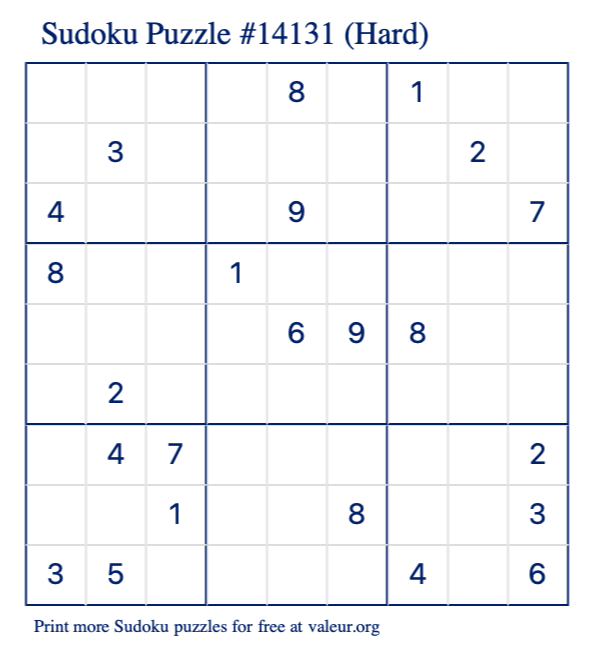 Free Printable Hard Sudoku Puzzle number 14131