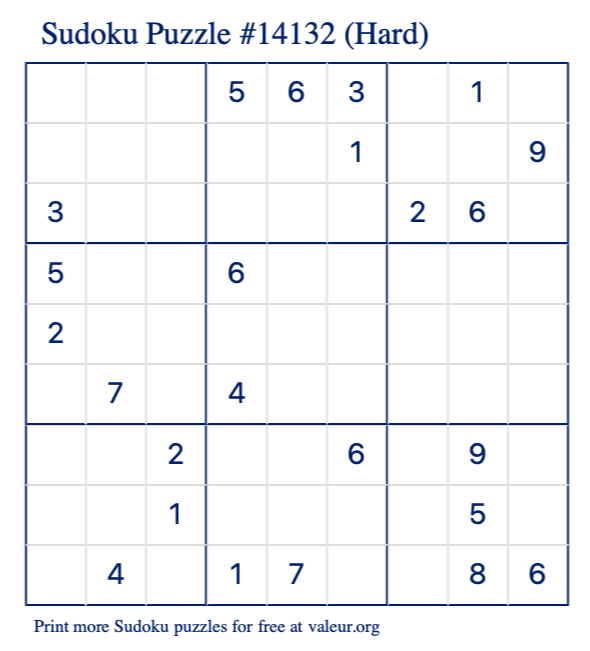 Free Printable Hard Sudoku Puzzle number 14132