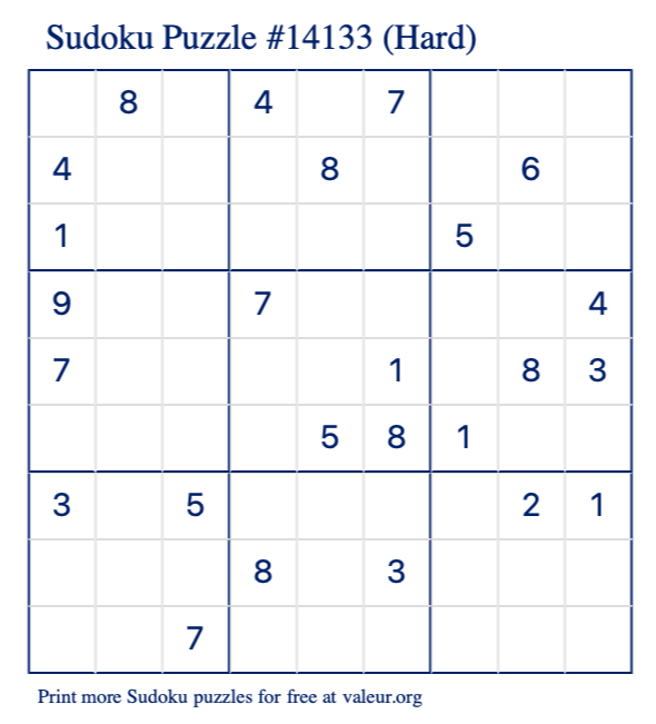 Free Printable Hard Sudoku Puzzle number 14133
