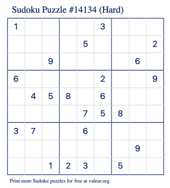 Free Printable Hard Sudoku Puzzle number 14134