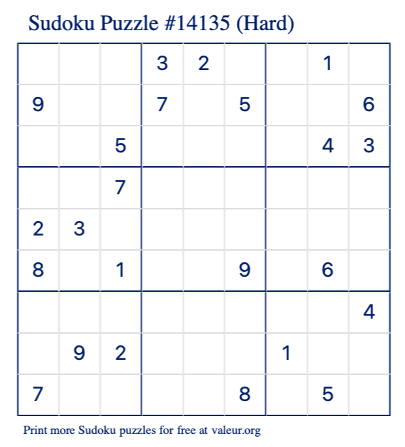 Free Printable Hard Sudoku Puzzle number 14135