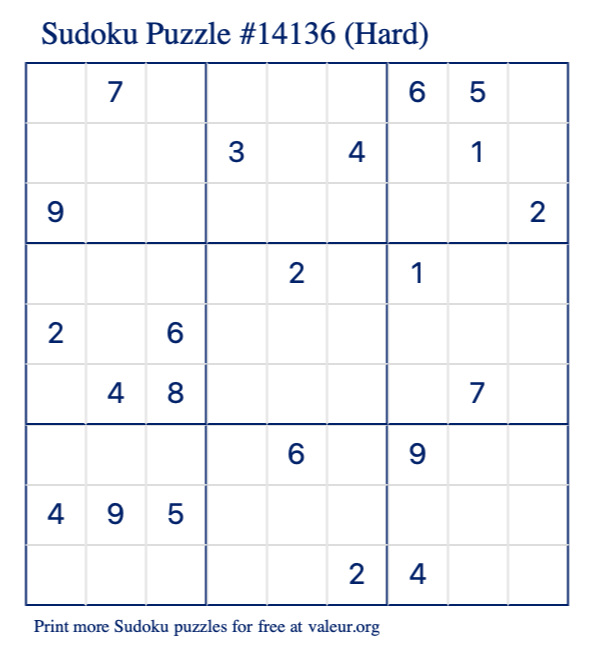 Free Printable Hard Sudoku Puzzle number 14136