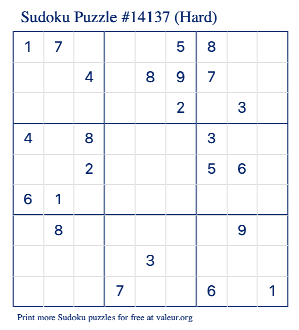 Free Printable Hard Sudoku Puzzle number 14137