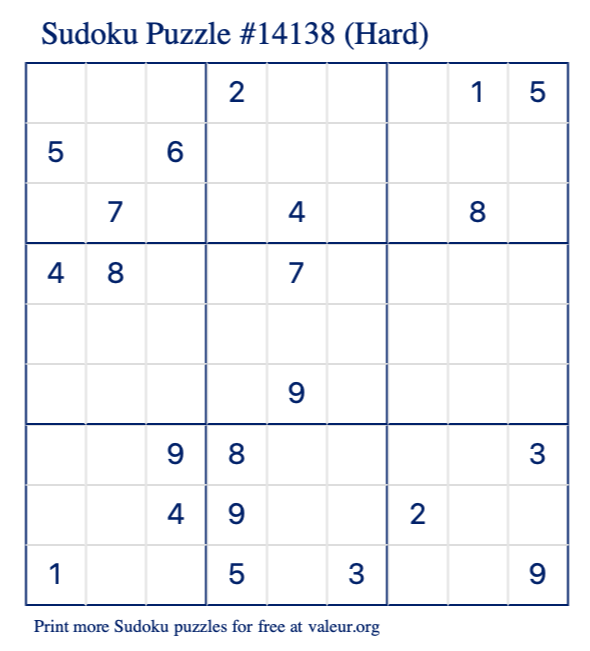 Free Printable Hard Sudoku Puzzle number 14138