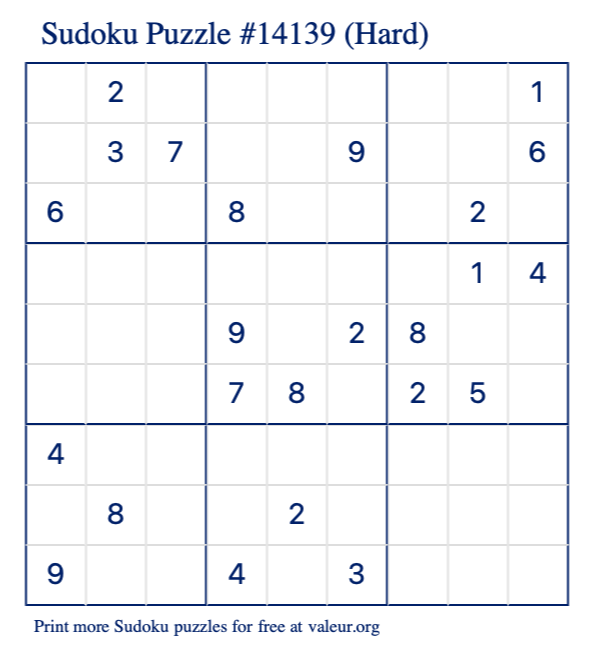 Free Printable Hard Sudoku Puzzle number 14139