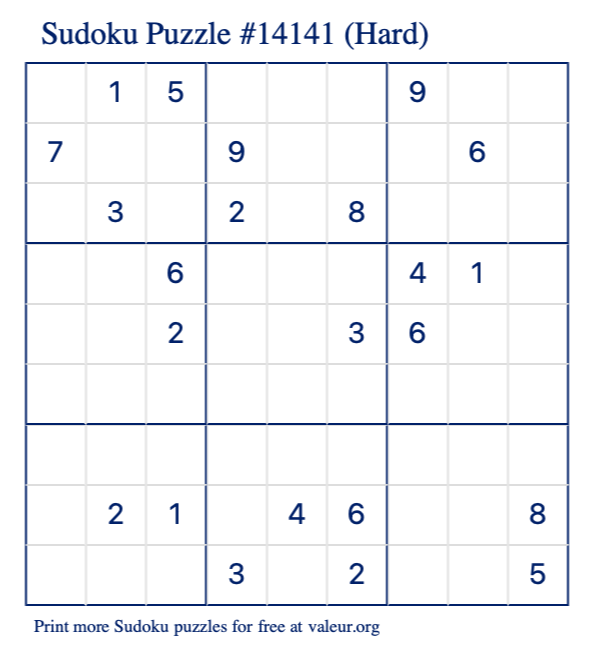 Free Printable Hard Sudoku Puzzle number 14141