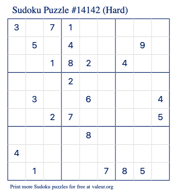 Free Printable Hard Sudoku Puzzle number 14142