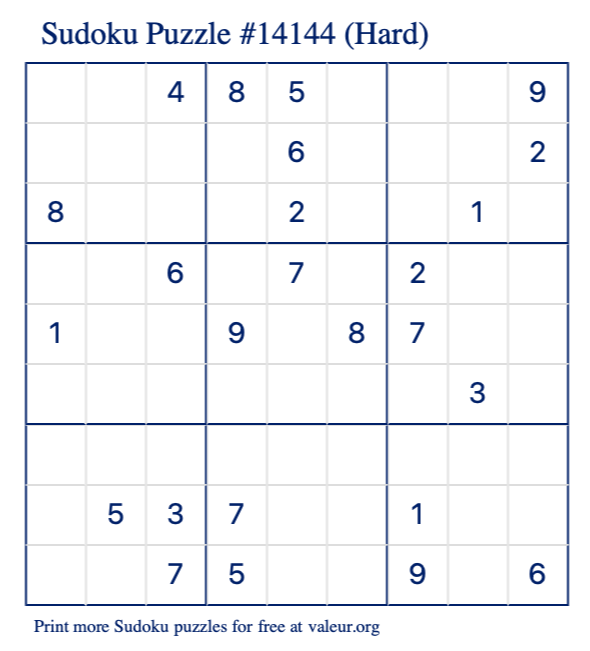 Free Printable Hard Sudoku Puzzle number 14144