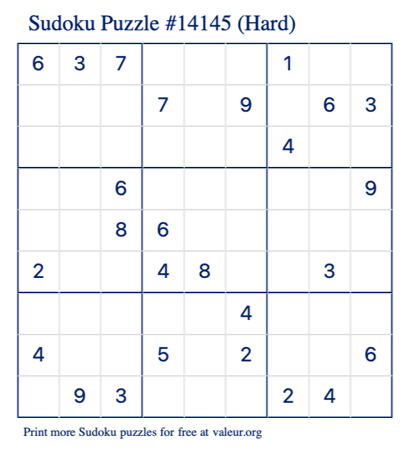 Free Printable Hard Sudoku Puzzle number 14145