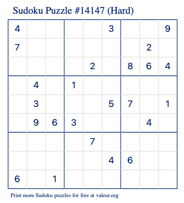 Free Printable Hard Sudoku Puzzle number 14147