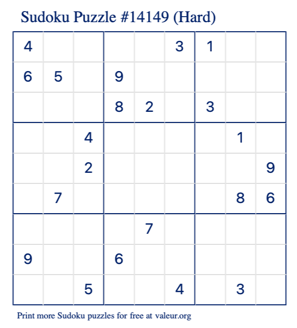 Free Printable Hard Sudoku Puzzle number 14149