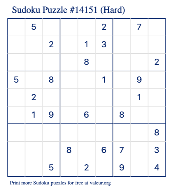 Free Printable Hard Sudoku Puzzle number 14151