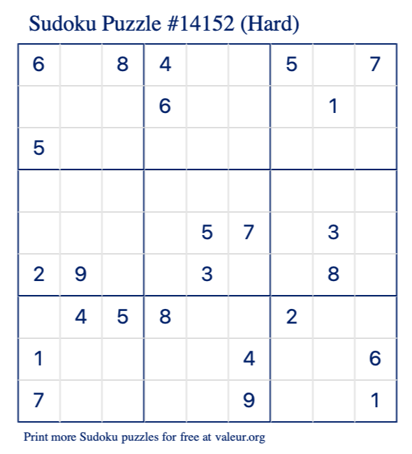 Free Printable Hard Sudoku Puzzle number 14152