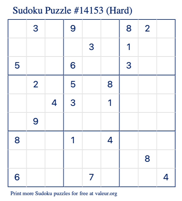 Free Printable Hard Sudoku Puzzle number 14153