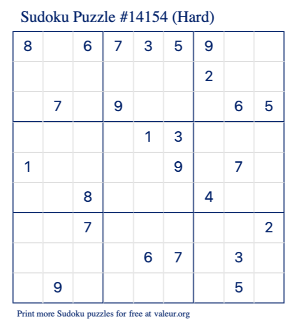 Free Printable Hard Sudoku Puzzle number 14154
