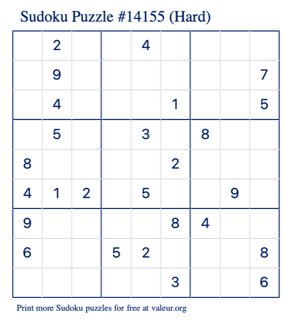 Free Printable Hard Sudoku Puzzle number 14155