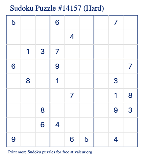 Free Printable Hard Sudoku Puzzle number 14157