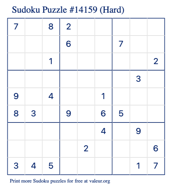 Free Printable Hard Sudoku Puzzle number 14159