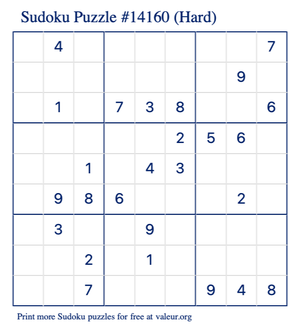 Free Printable Hard Sudoku Puzzle number 14160