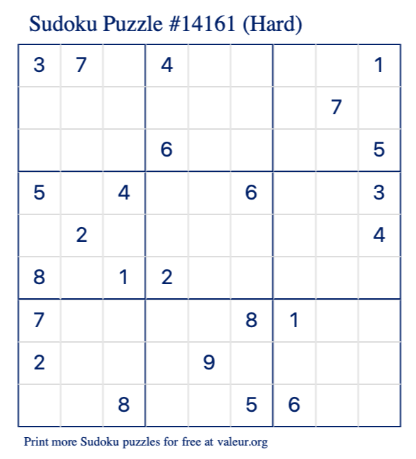 Free Printable Hard Sudoku Puzzle number 14161