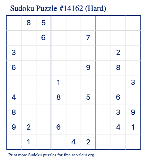 Free Printable Hard Sudoku Puzzle number 14162
