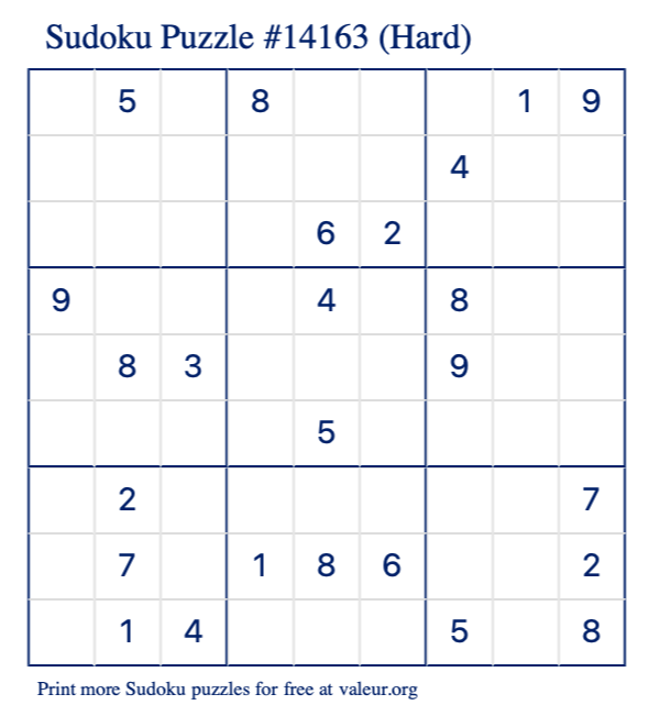 Free Printable Hard Sudoku Puzzle number 14163