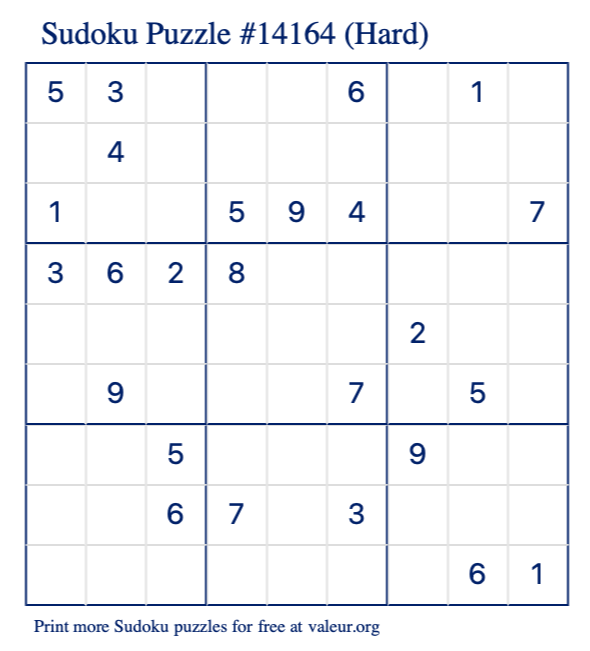 Free Printable Hard Sudoku Puzzle number 14164