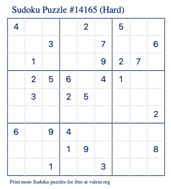Free Printable Hard Sudoku Puzzle number 14165