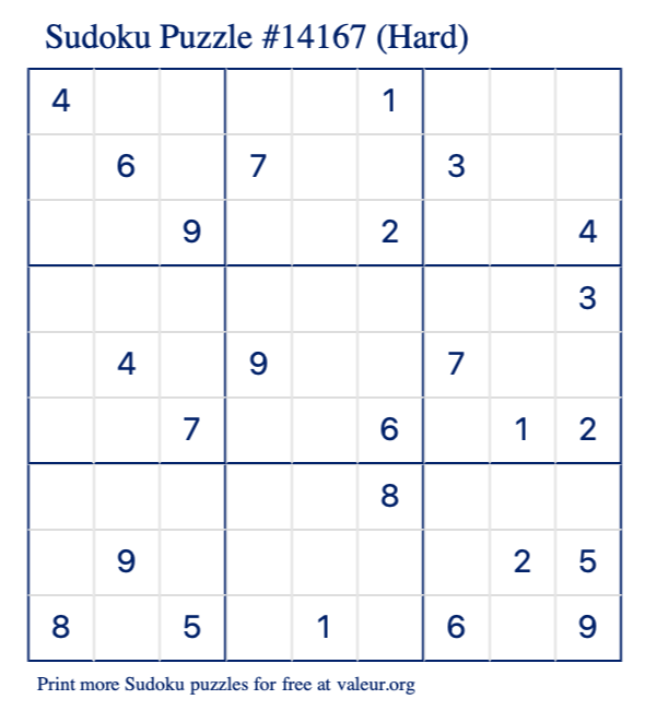 Free Printable Hard Sudoku Puzzle number 14167