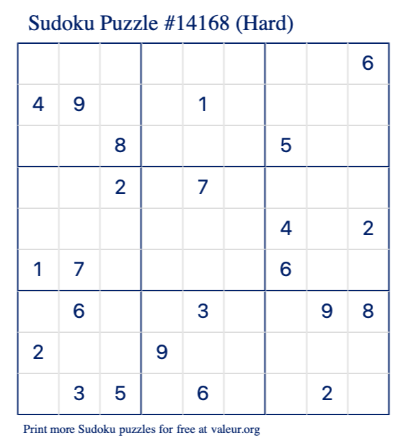 Free Printable Hard Sudoku Puzzle number 14168