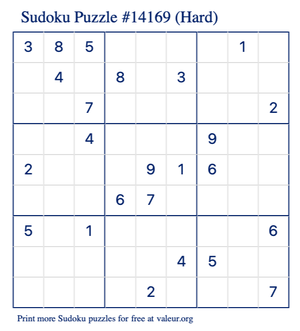 Free Printable Hard Sudoku Puzzle number 14169