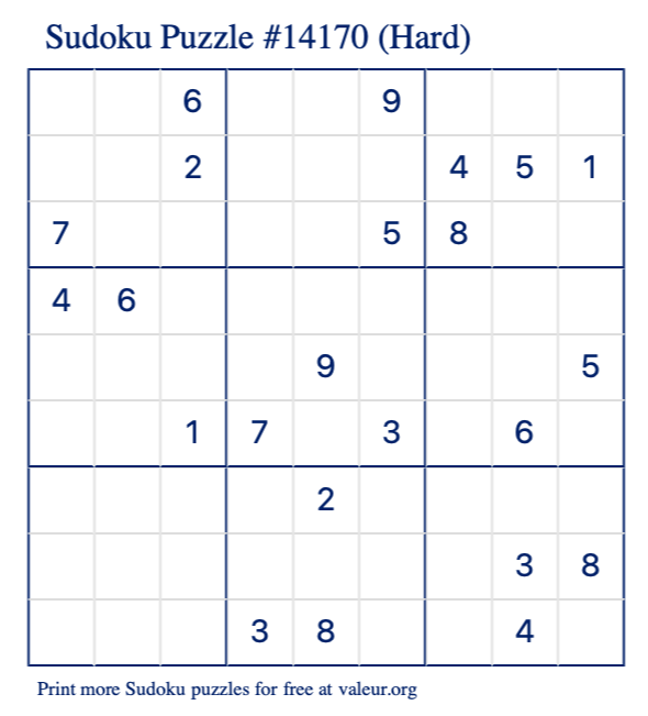 Free Printable Hard Sudoku Puzzle number 14170