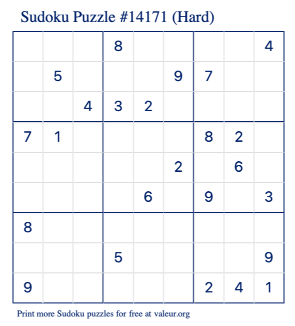 Free Printable Hard Sudoku Puzzle number 14171