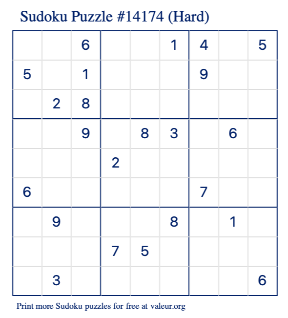 Free Printable Hard Sudoku Puzzle number 14174