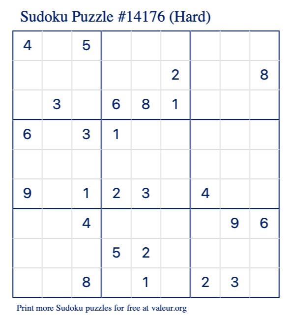 Free Printable Hard Sudoku Puzzle number 14176