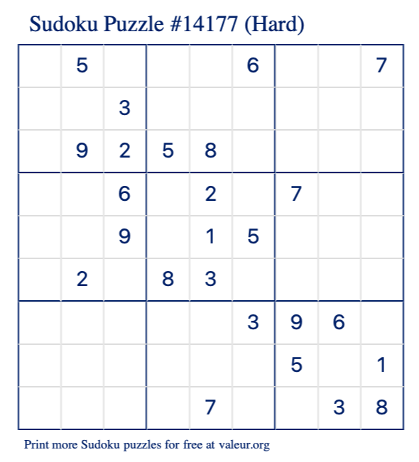Free Printable Hard Sudoku Puzzle number 14177