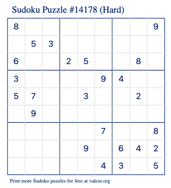 Free Printable Hard Sudoku Puzzle number 14178